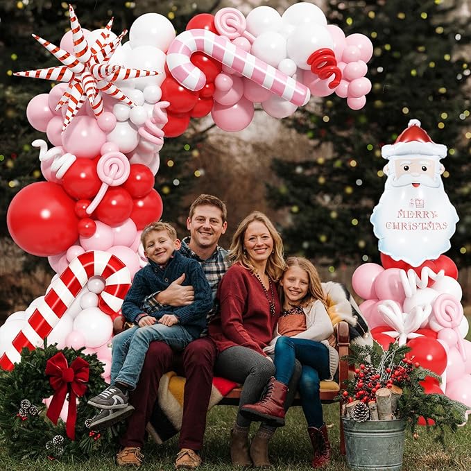 130 Pcs Christmas Balloon Arch Kit, Red Pink White Latex Balloons Garland with Santa Candy Cane Star Foil Mylar Balloon for Xmas Christmas New Year Winter Holiday Baby Shower Birthday Party Decoration