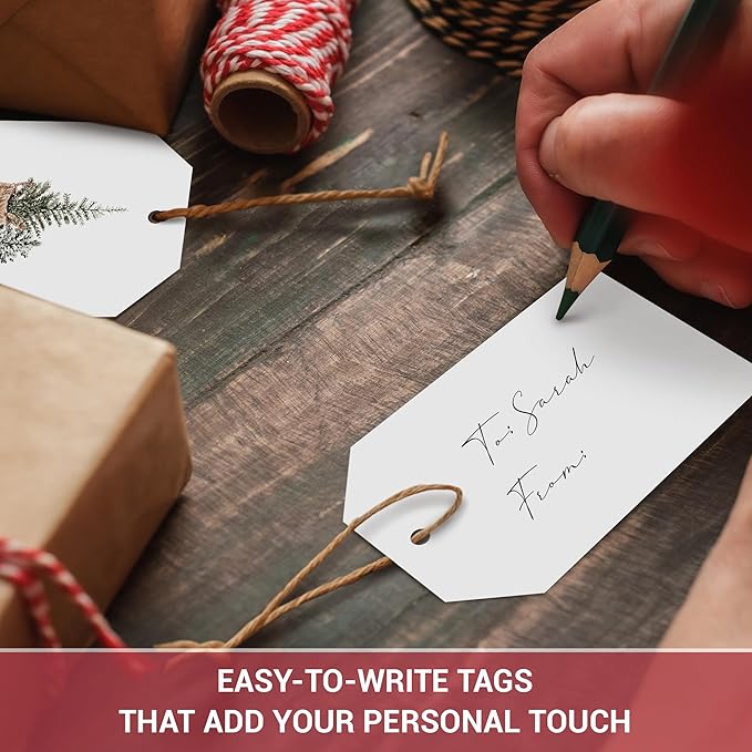 AUDREE 50 Pcs Christmas Gift Tags with String - Cozy Holiday Gift Tags for Xmas Presents - Christmas Name Tags for Gifts - Hanging Labels Decoration Xmas Winter Holiday Present DIY Crafts