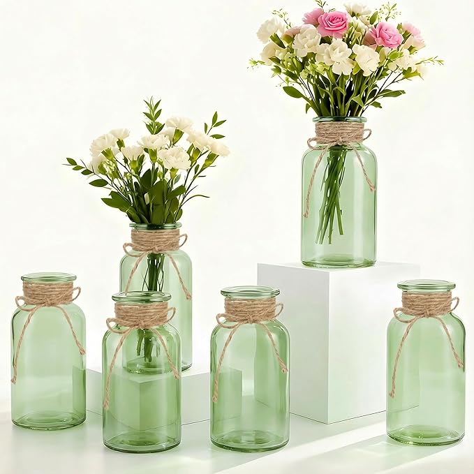 Vintage Glass Flower Vase，6 Pack Green Farmhouse Glass Centerpiece Vases Mason Jars for Weddings, Parties & Home Decor Bulk (6,Green)