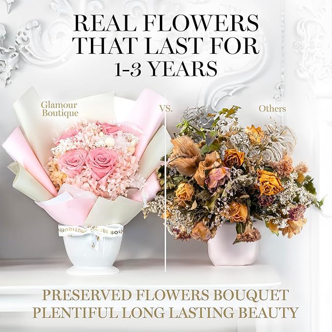 GLAMOUR BOUTIQUE Preserved Flowers Bouquet - Flowers Forever in a Box with Hydrangeas & More, Gift Ready for Anniversary, Birthday, Mother's Day, Long-Lasting 1-3 Years - Pink