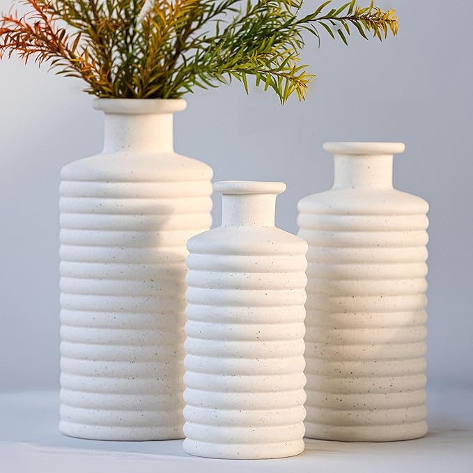 Ceramic Vase Set, Cream White Vases Home Decor, Boho Rustic Farmhouse Vase for Pampas Grass Fresh Flowers, Modern Vases for Living Room, Bedroom, Bathroom, Entryway, Dresser Table Decor
