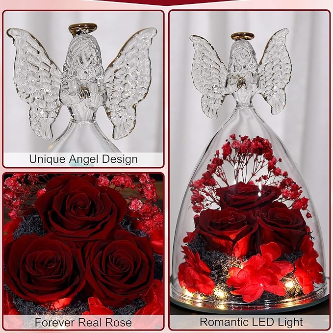 Mothers Day Rose Gifts Glass Angel Figurine with Three Roses Gifts, Preserved Forever Real Rose Gifts for Women, Angel Guardian with Rose for Mothers Day - Wine Red