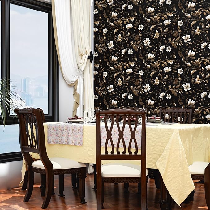 Vintage Wallpaper Peel and Stick Black Floral Wallpaper Black White Wall Paper Gold Leaf Contact Paper Waterproof Self-Adhesive Wall Covering for Bathroom Countertop Desk Cabinet 17.4" x 118"