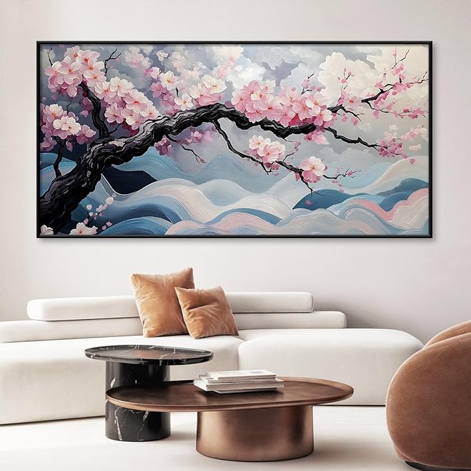 Japanese Cherry Blossom Canvas Wall Art, Sakura Tree Canvas Print, Pink Floral Pictures, Cherry Blossom Tree Wall Art, Flower Branch Decor, Nature Prints for Living Room (Gold Framed, 55"x27" | 140x70cm)