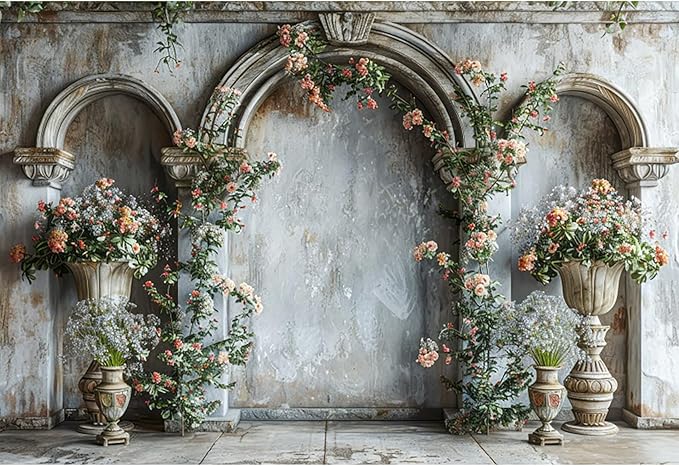 Baocicco 8x6.5ft Flower Castle Wall Photography Background Vintage Arch European Palace Victoria Wall Backdrop Women Themed Party Birthday Decorations Bridal Shower Ceremony Engagement Photoshoot