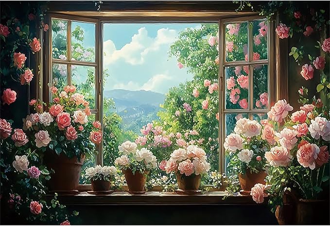 Baocicco 10x7ft Flowers Windowsill Photography Background Spring Floral Retro Oil Painting Photo Backdrop for Valentines Mothers Day Birthday Wedding Party Decorations Girls Women Portraits