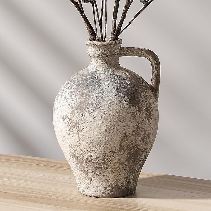 Antique Ceramic Vase, 8.3 Inch Terracotta Vase with Handle, Tuscan Decor Decorative Vase, Rustic Vase for Home Decor, Farmhouse, Living Room, Floor, Wedding, Christmas- Gray