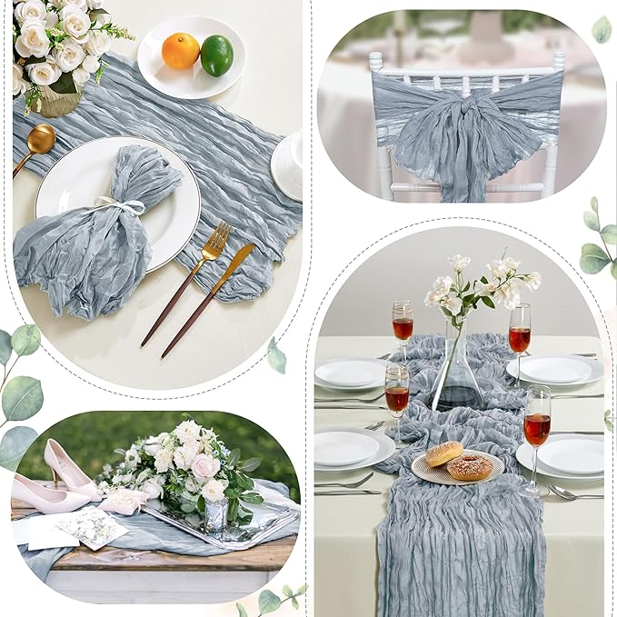 12 Pack Dusty Blue Cheesecloth Table Runner 10FT Long Boho Gauze Table Runner Rustic Sheer Runner for Wedding Bridal Baby Shower Birthday Party Table Decor Thanksgiving Christmas Decorations