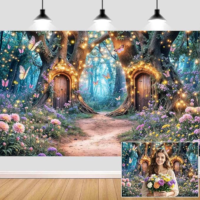 10X8ft Enchanted Forest Backdrop Fairy Enchanted Wonderland Garden Floral Butterfly Photography Background for Kids Girls Baby Shower Birthday Party Decoration Banner Cake Table Photo Booth Props