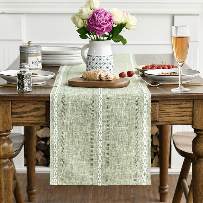 Artoid Mode Sage Green Rustic Cotton Linen Table Runner, Seasonal Embroidered Hollow Kitchen Dining Table Decoration for Home Party Decor 13x90 Inch