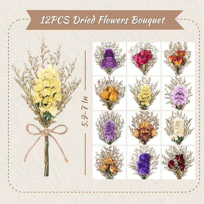 12/24 PCS Charming Dried Flowers Bouquet for Vase Various Dried Wildflowers with Stems Mini Handmade Wildflowers Natural Real Flowers Bulk Flowers Craft (Forget Me Not, 12 PCS)