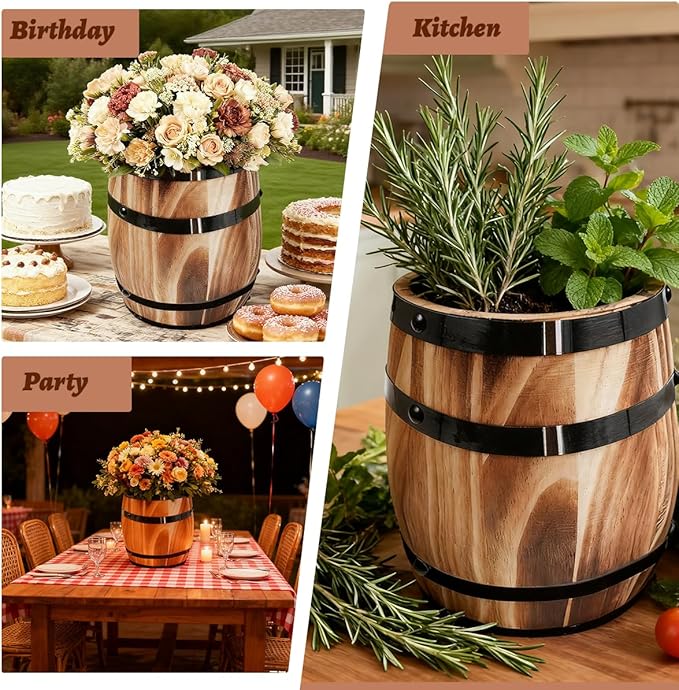 Sunmuliiiy4Pcs Wood Wine Barrel Vase 8" x 6.5" Rustic Wooden Flower Vase Rustic Barrel Barrel Planter for Wedding Reception Table Decoration Home Indoor Outdoor Garden, Kitchen, Party Table Decoration
