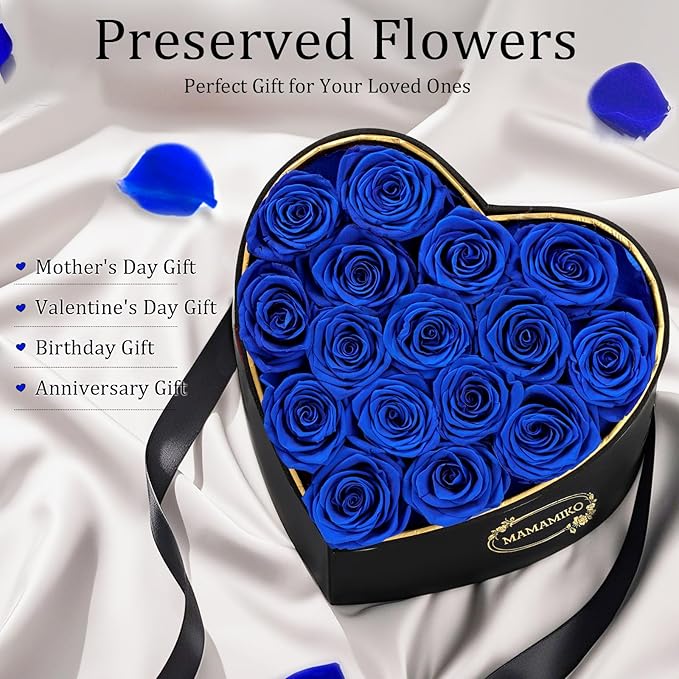16 Preserved Roses in Heart Shape Gift Box for Her - Forever Flowers for Delivery, Eternal Rose Mothers Gifts for Mom, Wife Anniversary Birthday Gifts for Women, Blue