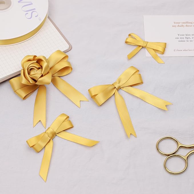 Light Gold Satin Ribbon, Double Faced 3/8 Inch X 50 Yards Light Gold Ribbon, Premium Satin Ribbon for Gift Wrapping, Crafts, Hair Bow Making, Sewing, Flower Bouquet, Wedding Party Decor