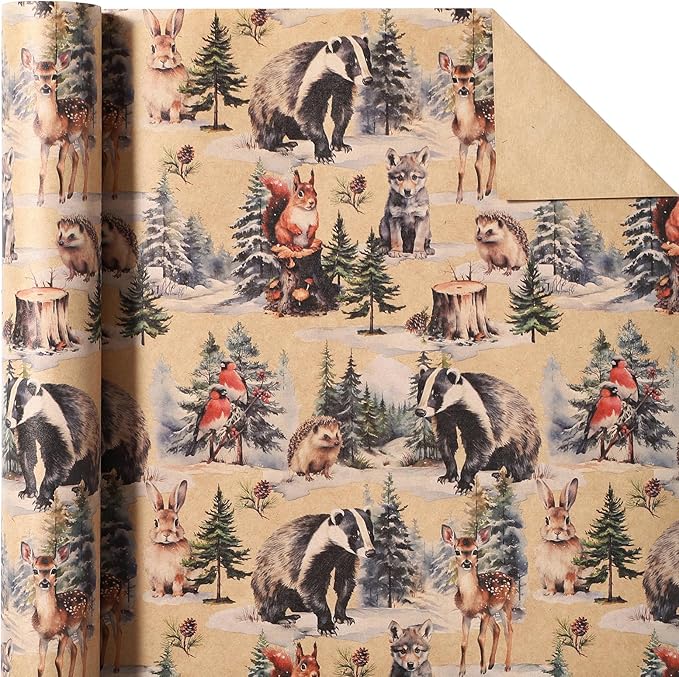 WRAPAHOLIC 30 Inch Kraft Christmas Wrapping Paper - 30 Inch x 33 Feet - Wild Animals Winterfall Watercolor Design for Christmas, Holiday, Party Celebration