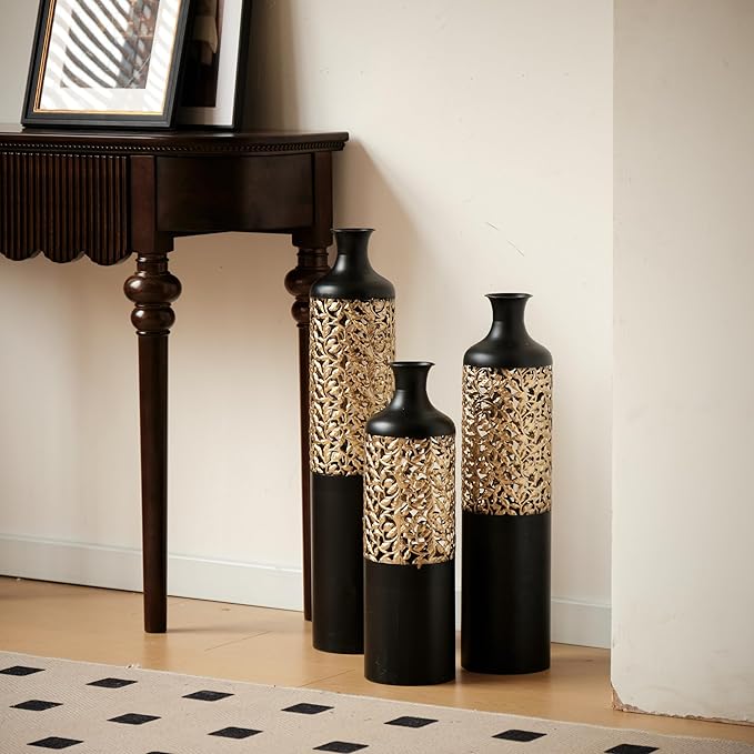 Floor Vases, Tall Home Decor Metal Vase Set of 3 Large Glazed Decorative Vases for Wedding Decor, Elegant Modern Flower Holder for Living Room, Entryway, Hallway, Dining Room