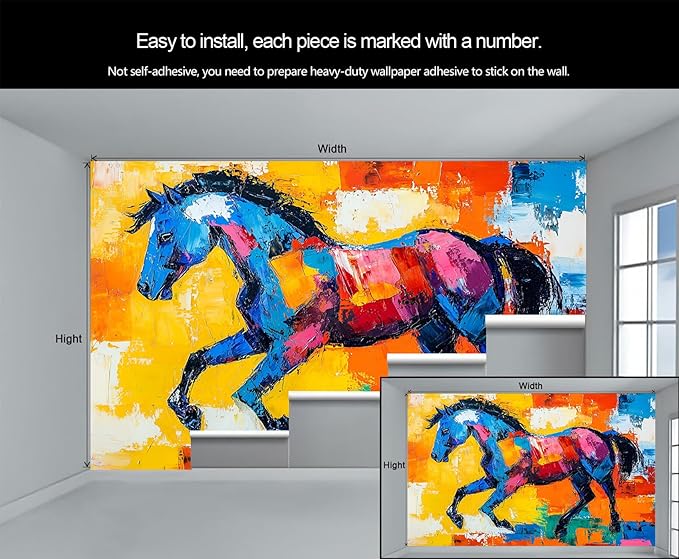 KIREUPA Abstract Horse Wall Mural, Colorful Horse Art 3d Wall Murals, Bold Abstract Animal Wallpaper Mural, for Living Room Bedroom Large Wallpaper Indoor Decor 59" W x39.4 H
