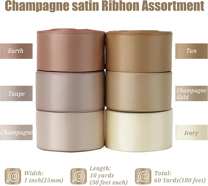 Champagne Ribbon 1 Inch Satin Ribbon 6 Rolls Assortment Pale Gold Ribbon for Wedding Silk Antique Gold Ribbon for Wedding Ribbon for Gift Wrapping Hair Bows Crafts Bouquet - 60Yards