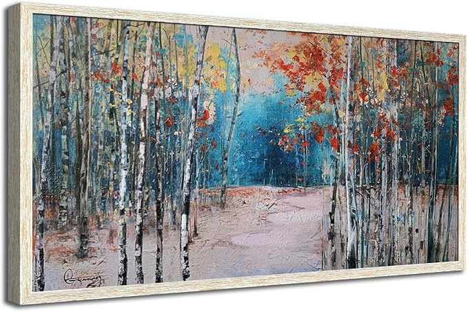 Ardemy Landscape Canvas Wall Art for Living Room Blue Forest Painting White Birch Tree Scenery Picture Modern Green Nature Artwork Bedroom Home Office Wall Decor, Large Size Wood Framed 48"x24"