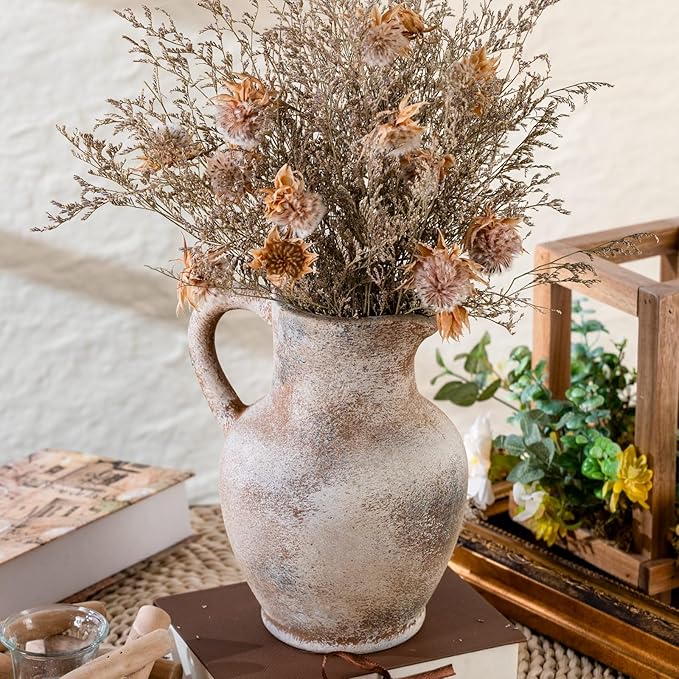 Ceramic Rustic Farmhouse Vase with Handle, Terracotta Vase, Minimalist Decorative Vases for Home Decor, Table, Living Room, Shelf, Christmas Decoration(Terra)