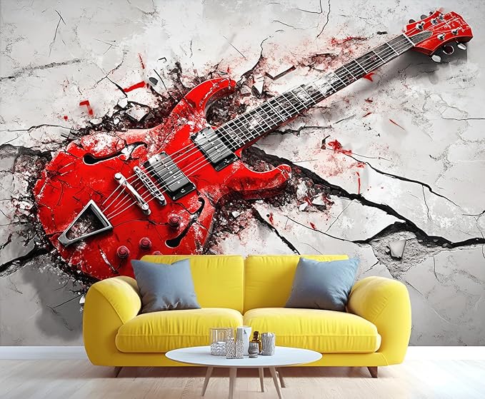 Red Electric Guitar Wall Mural, Grunge Style Guitar 3D Wall Murals, Rock Music 3D Explosion Wallpaper Mural, for Living Room Bedroom Large Wallpaper Indoor Decor 157.5" W x110.3 H
