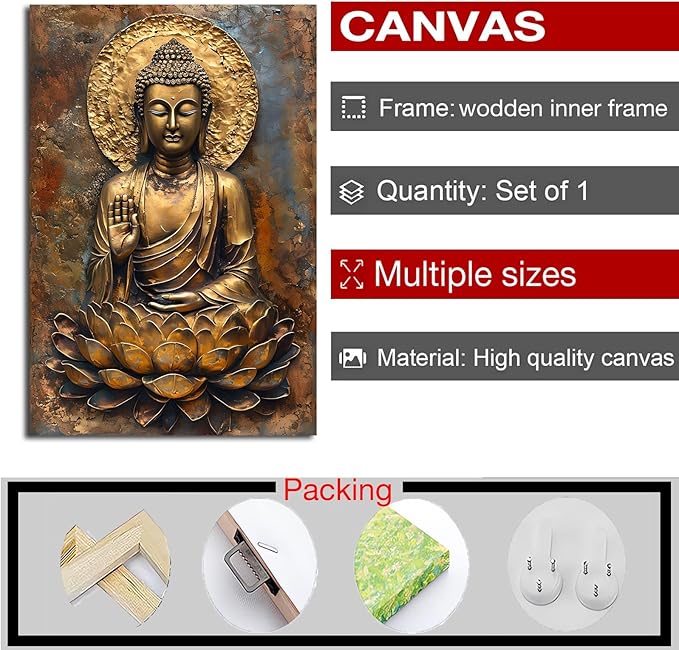 Buddha Wall Art Golden Buddha in Lotus Seat Serene spiritual statue radiant aura Meditation and mindfulness wall art suitable for sacred spaces 28x40in Wood Framed