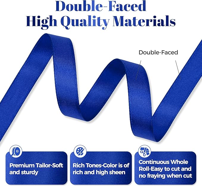Royal Blue Satin Ribbon, Double Faced 1/2 Inch X 25 Yards Royal Blue Ribbon, Premium Satin Ribbon for Gift Wrapping, Crafts, Hair Bow Making, Sewing, Flower Bouquet, Wedding Party Decor