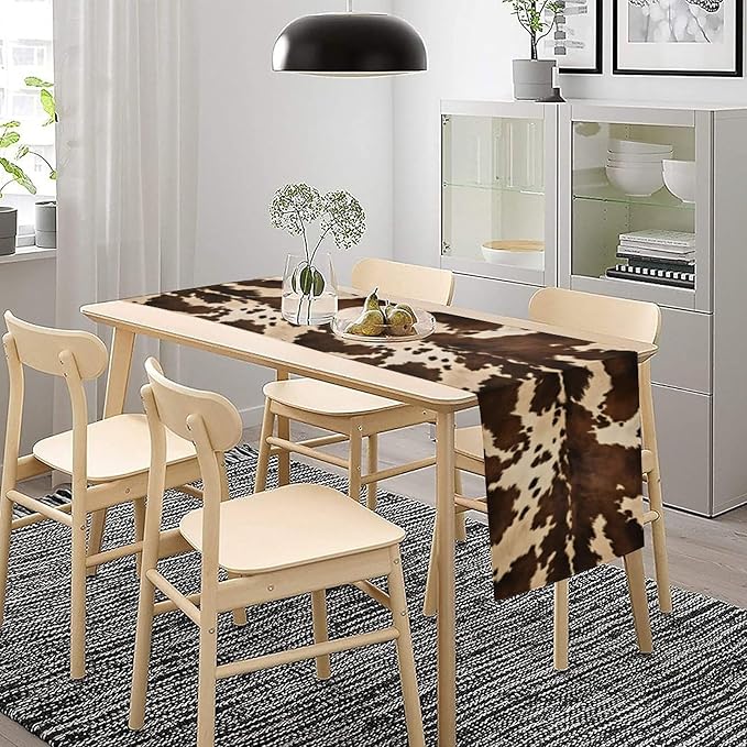 Cow Print Table Runner, Brown Cowhide Western Style Runner Country Farmhouse Cottage Patten Decoration for Home Kitchen Dining,13x108 Inch