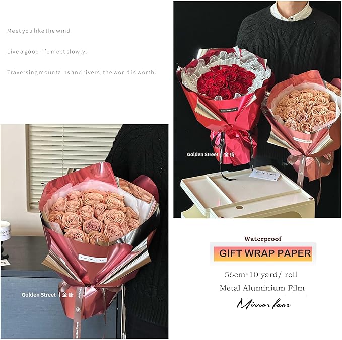 Red Metallic Film Gift Wrapping Paper Roll Solid Color Floral Bouquet Wraps for Wedding, Birthday, Christmas, Mother's Day, New Year, Baby Shower, Congrats (Bright red)