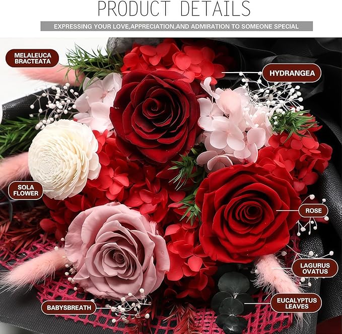 Preserved Flowers for Delivery, Red Flower Bouquets with Necklace, Forever Real Roses Anniversary Birthday Gifts for Women Mom Wife Girlfriend, Fresh Flowers for Valentines Day Christmas