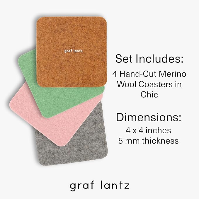 Graf Lantz - Bierfilzl Merino Wool Square Coasters Set of 4 - Chic (4"x4"x5mm) - Absorbs 30% of Weight - Natural German Wool - Heat Resistant, Sustainable, Reusable - Home Decor, Coffee Table Decor