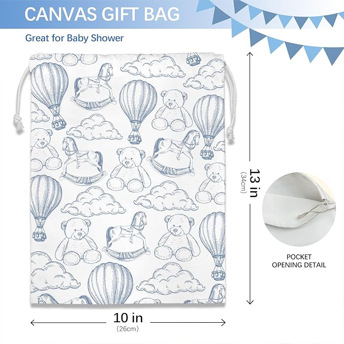 DSHFG Light Blue Chinoiserie Birthday Drawstring Gift Wrap Bags, Cute Chinoiserie Toy Bear Baby Shower Drawstring Gift Bags Canvas, Blue and White Small Happy Birthday Bag, 10x13 Inch