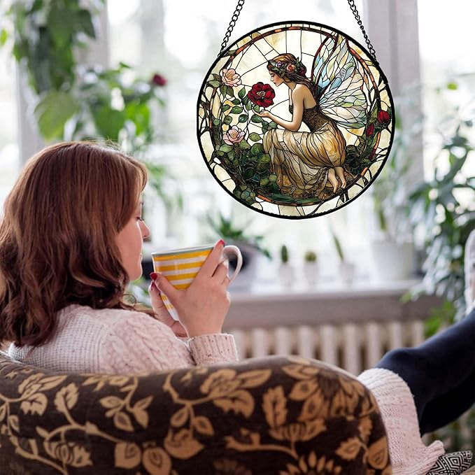 Stained Glass Window Hanging - Butterfly Flower Fairy Suncatcher for Door Terrace Garden Home Decor Yellow Green Plants Sun Catcher Birthday Gifts for Lovers Women Men Dad Mom Nana 11.8 in