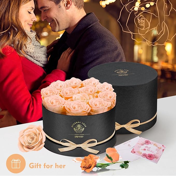 Forever Flowers,12 Roses in A Box, Real Preserved Flowers, Best Birthday, Wedding Gift for Her, Mom, Wife-Champagne Roses