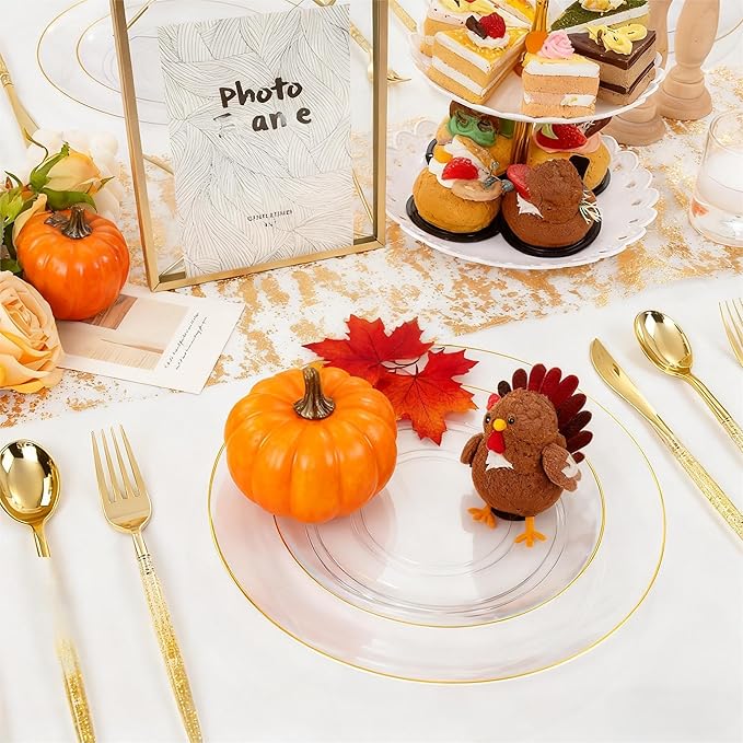 Liacere 150PCS Clear Gold Plastic Plates - Gold Plastic Silverware with Glitter Handle - Clear Disposable Plates Include 30 Guests Plates, Forks, Spoons, Knives for Wedding & Party&Chrismas