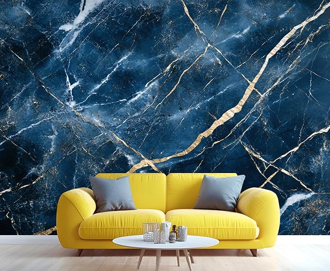 Blue Marble Wall Mural, Gold Vein Marble 3D Wall Murals, Luxury Navy Stone Wallpaper Mural, for Living Room Bedroom Large Wallpaper Indoor Decor 169.3" W x118.2 H