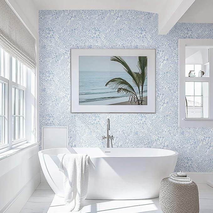 Heroad Peel and Stick Wallpaper Light Blue Floral Contact Paper 17.3''x393'' Boho Wall Paper Modern Removable Self Adhesive Wallpaper for Bedroom Bathroom Kitchen Cabinet Decor Waterproof Vinyl Roll
