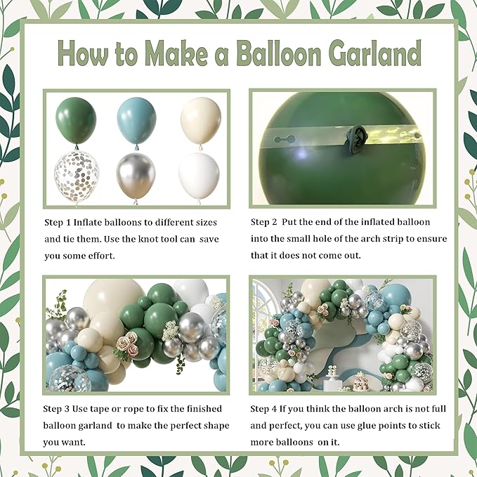 Retro Bean Green Balloon Arch Kit, 145Pcs Dusty Blue White Pastel Beige Sliver Confetti Balloons for Baby Bridal Shower Wedding Engagement Birthday Party Decorations