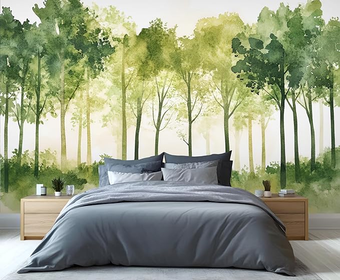 Watercolor Forest Wall Mural, Minimalist Forest Scene 3D Wall Murals, Nordic Nature Wallpaper Mural, for Living Room Bedroom Large Wallpaper Indoor Decor 59" W x39.4 H