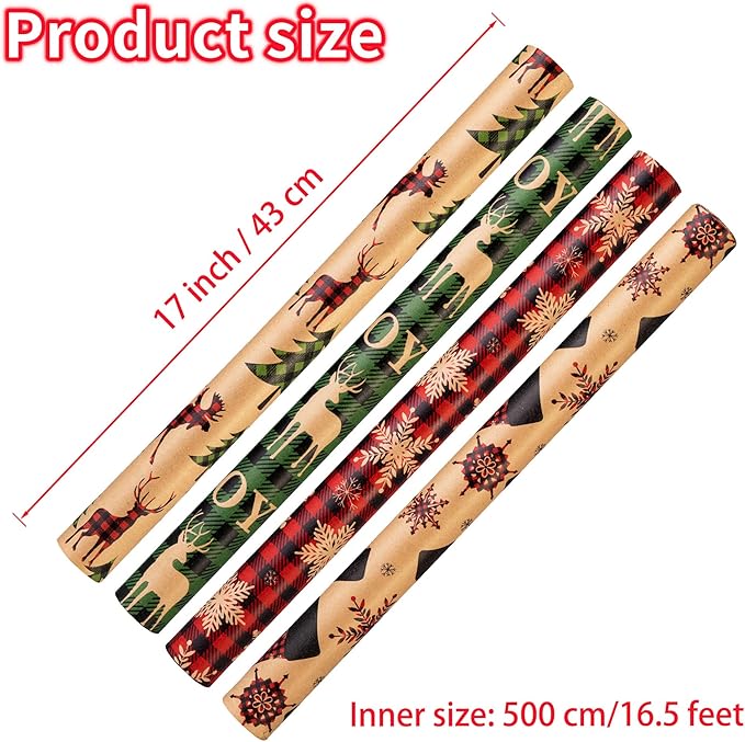 Christmas Wrapping Paper, Holiday Kraft Gift Paper (4 Rolls: 93 sq. ft. ttl) - Red/Green and Black Plaid Grid Patterns, Stockings Snowflakes Pine Tree and Reindeer - 17 inches x 16.5 feet Per Roll