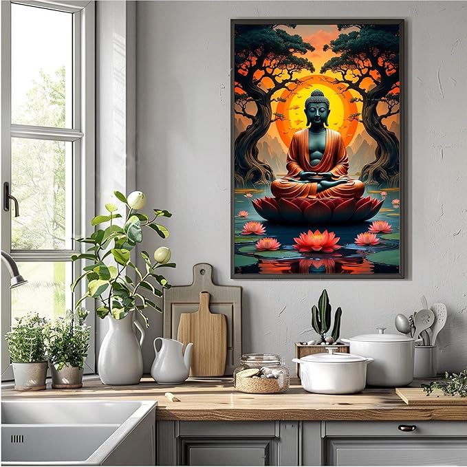 Canvas wall art Golden Buddha on lotus at sunset Ancient trees with reflections on water Serene meditation scene Uplifting wall art for mindfulness and tranquil home decor 20x30in Metal blackFramed