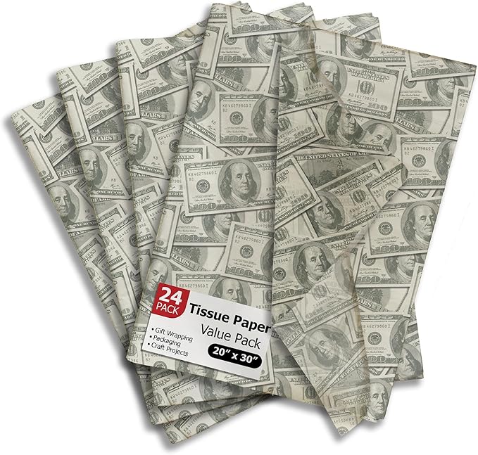 Money Printed Tissue Paper for Birthday Party Gift Bags or Boxes and Wrapping - Bulk Decorative Art Tissue Paper for Packaging and Gifting | 24 Sheets 20" x 30"