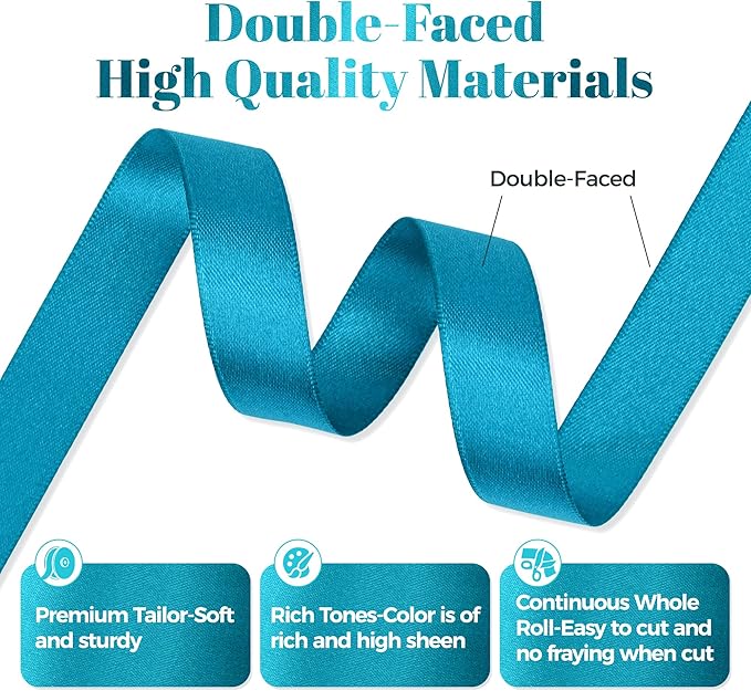 Premium Double Faced Turquoise Blue Satin Polyester Ribbon, 5/8 Inch X 25 Yards, Perfect for Gift Wrapping, Crafts, Wedding Decor