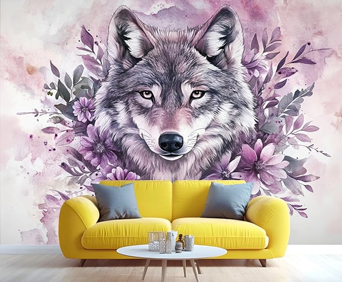 Wolf with Floral Watercolor Wall Mural, Purple Wolf Watercolor Art 3D Wall Murals, Art Flower Painting Wallpaper Mural, for Living Room Bedroom Large Wallpaper Indoor Decor 169.3" W x118.2 H