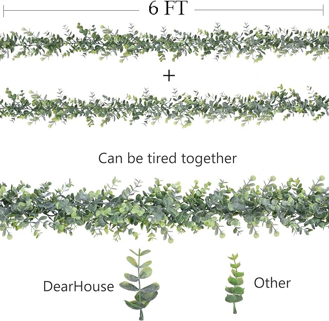 DearHouse Faux Eucalyptus Garland Plant, 2 Pack Artificial Vines Hanging Eucalyptus Leaves Greenery Garland for Wedding Backdrop Arch Wall Decor, 6 Feet/pcs UV Protected Indoor Outdoor
