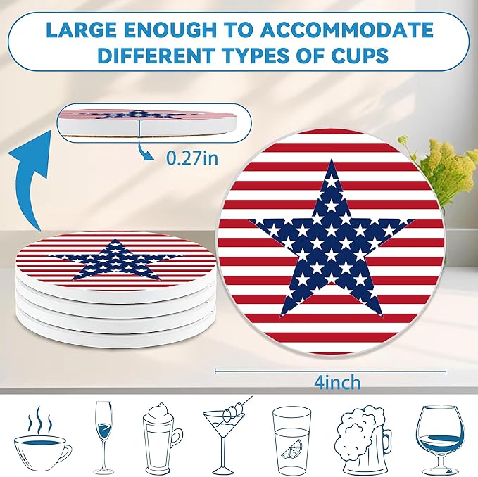 American Stars & Stripes Coasters Set of 4, Round 4" Absorbent Ceramic Stone Coasters with Cork Base, Ideal Table Home Decor & Gifts