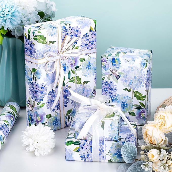 MAYPLUSS Floral Gift Wrapping Paper Roll - Watercolor Blue Hydrangea Design Floral Gift Wrap Paper for Wedding, Bridal Shower, Mother’s Day, Valentine's Day, Birthday, Anniversay (17 Inch X 33Feet)