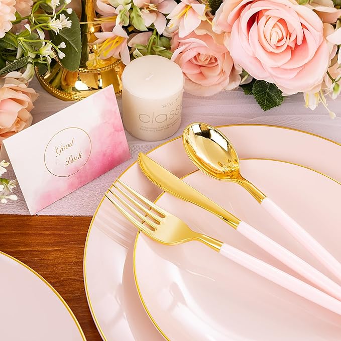 Liacere 150PCS Plastic Plates-Gold Plastic Silverware with Pink Handle - Pink Disposable Plates Include 30 Guests Plates, Forks, Spoons, Knives for Wedding＆Easter Day＆Mother's Day＆Valentine's Day