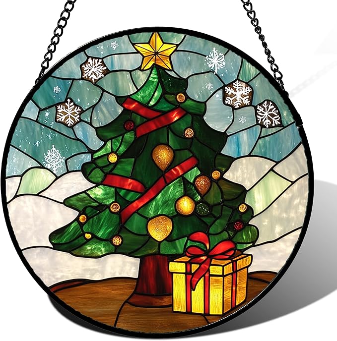 Stained Glass Window Hanging Green Christmas Tree Snowflake 6.3" - Suncatcher Door Garden Sun Catcher Xmas Holiday Decor Birthday for Mom Men Woman Friend Nana