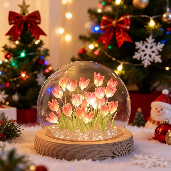 (20 Flower) Birthday Gifts for Mom, Tulip Lamp Night Light with Glass Dome,Handmade Artificial Flower Table Lamp Bedroom Desk Decoration for Women Daughter Girlfriend Christmas Holiday Gift
